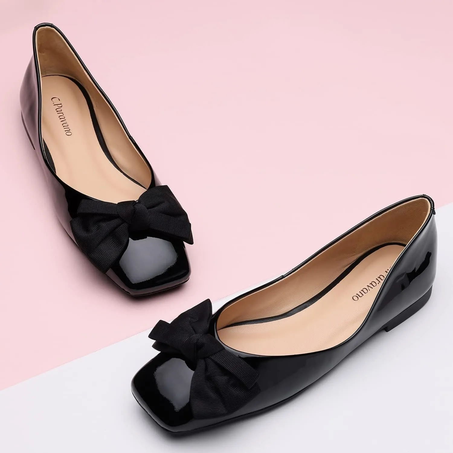 C.Paravano Women's Shoes with Bow | Casual Slip On Ballet Flats | Comfortable Square Toe Walking Shoes | Women Dressy Flats for Wedding Work Business Office