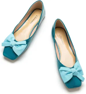 C.Paravano Women's Shoes with Bow | Casual Slip On Ballet Flats | Comfortable Square Toe Walking Shoes | Women Dressy Flats for Wedding Work Business Office