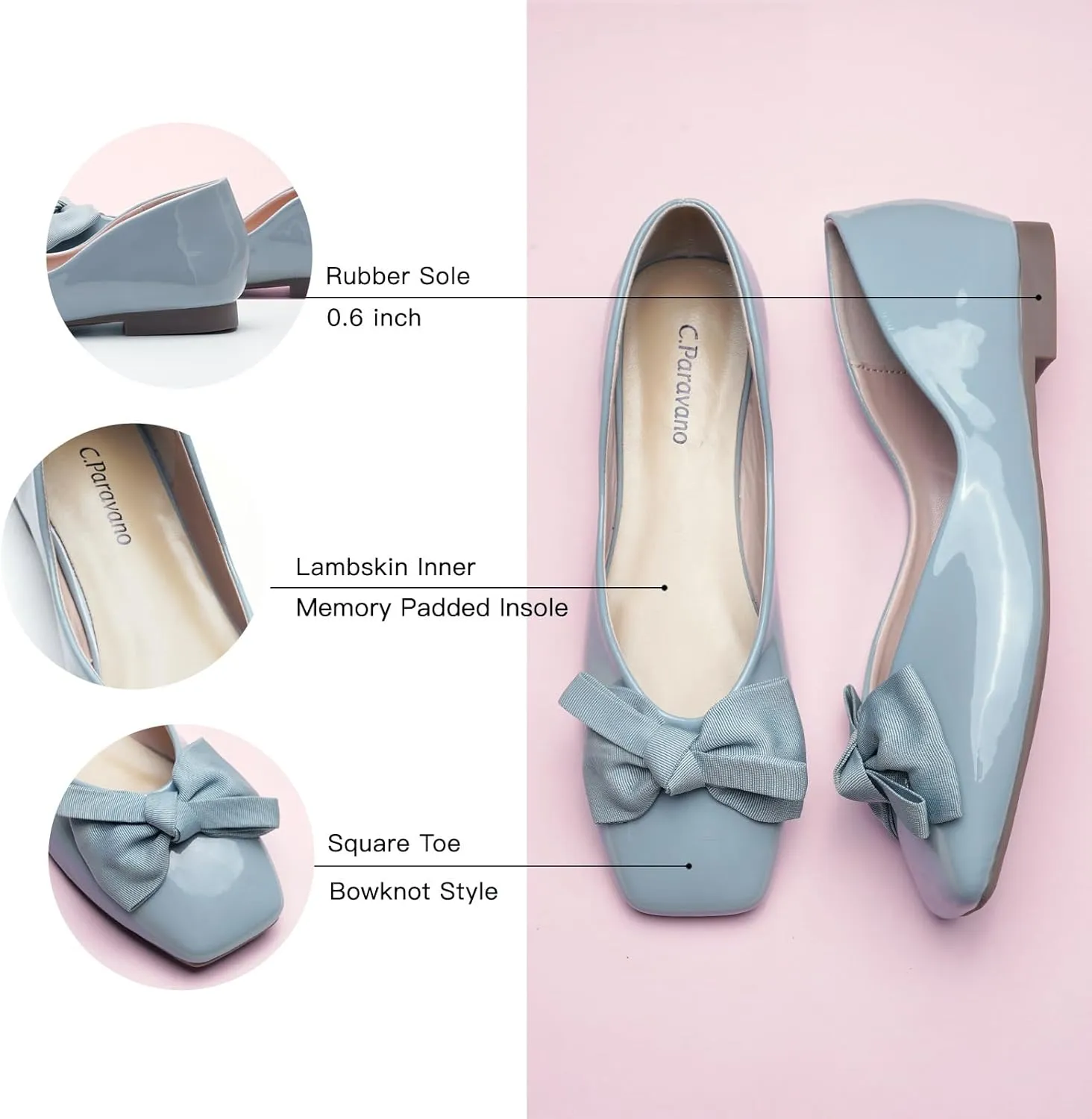 C.Paravano Women's Shoes with Bow | Casual Slip On Ballet Flats | Comfortable Square Toe Walking Shoes | Women Dressy Flats for Wedding Work Business Office