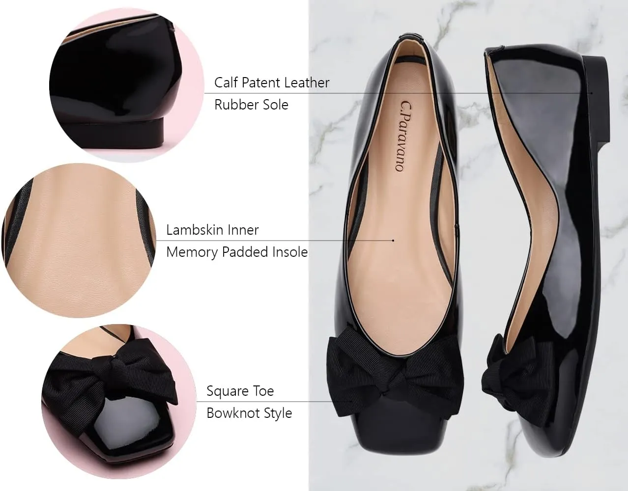 C.Paravano Women's Shoes with Bow | Casual Slip On Ballet Flats | Comfortable Square Toe Walking Shoes | Women Dressy Flats for Wedding Work Business Office