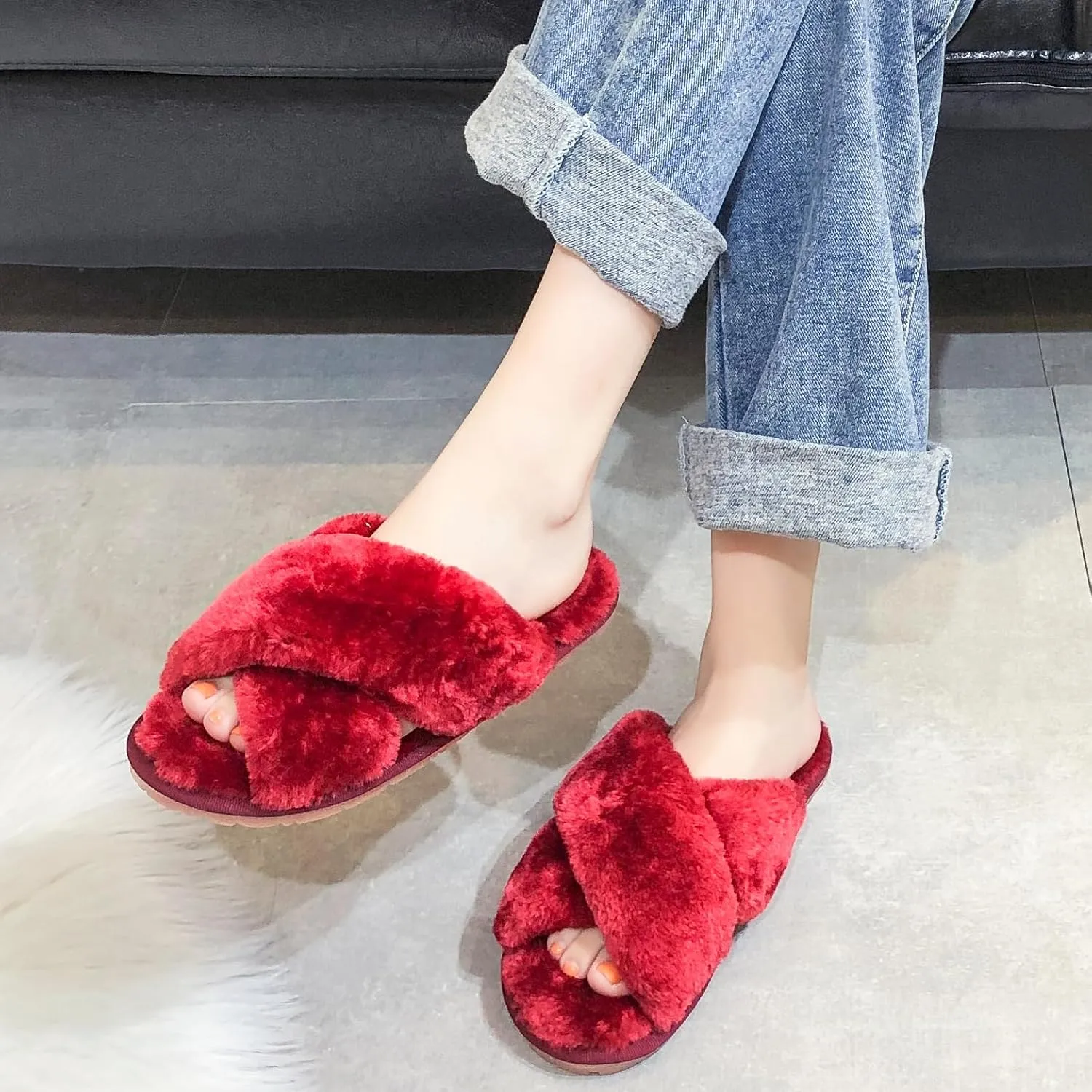 Crazy Lady Women's Fuzzy Fluffy House Slippers Cute Plush Memory Foam Shoes Cross Band Indoor Outdoor Open Toe Sandals
