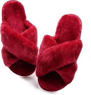 Crazy Lady Women's Fuzzy Fluffy House Slippers Cute Plush Memory Foam Shoes Cross Band Indoor Outdoor Open Toe Sandals