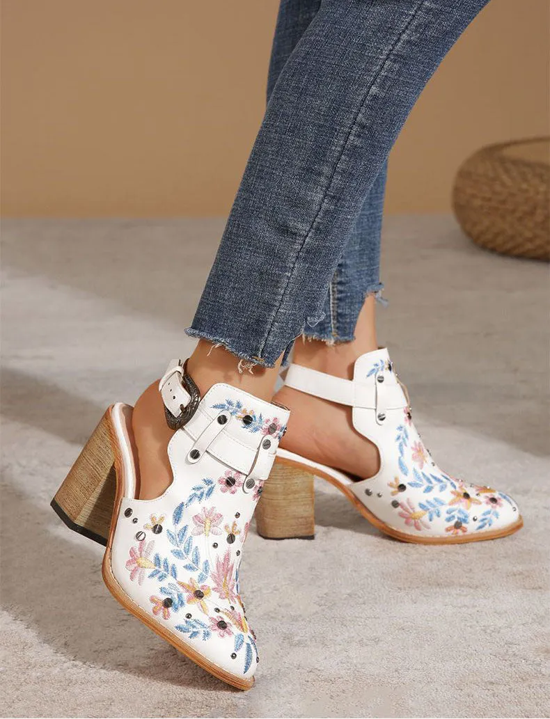 Creamtopmall Vintage Floral Embroidered Espadrilles Chunky Heels