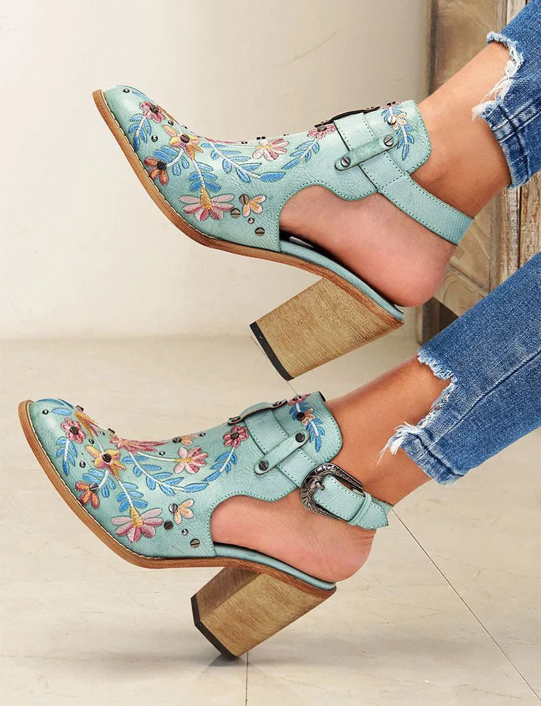 Creamtopmall Vintage Floral Embroidered Espadrilles Chunky Heels