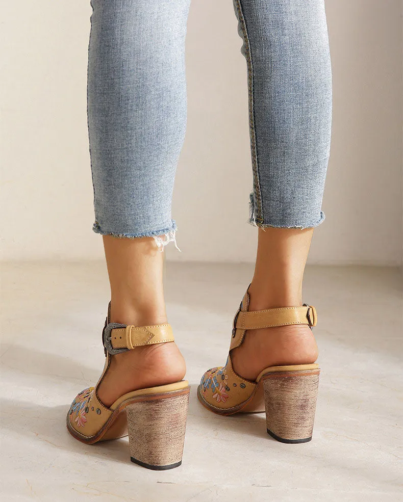 Creamtopmall Vintage Floral Embroidered Espadrilles Chunky Heels