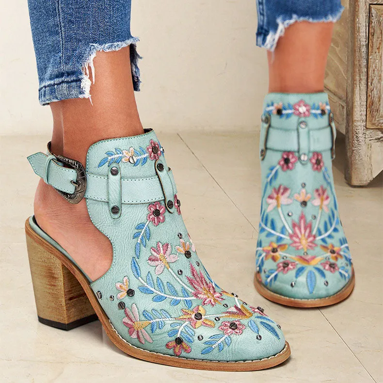 Creamtopmall Vintage Floral Embroidered Espadrilles Chunky Heels
