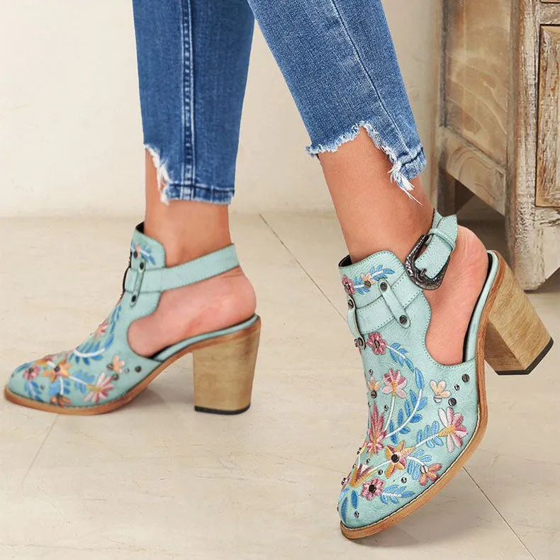 Creamtopmall Vintage Floral Embroidered Espadrilles Chunky Heels