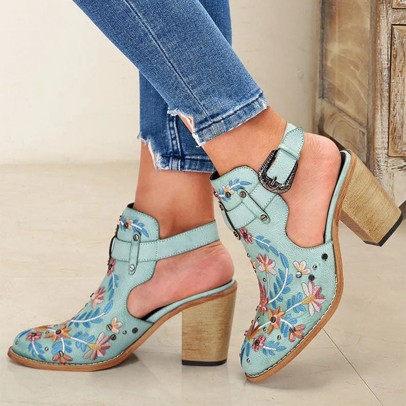 Creamtopmall Vintage Floral Embroidered Espadrilles Chunky Heels