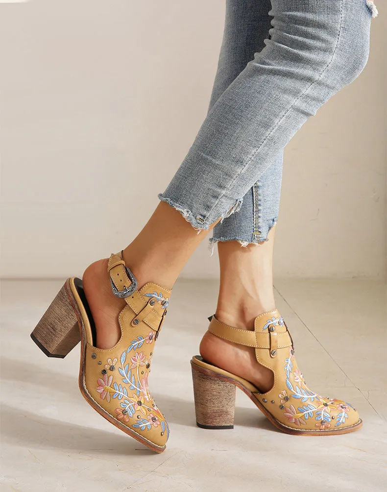 Creamtopmall Vintage Floral Embroidered Espadrilles Chunky Heels