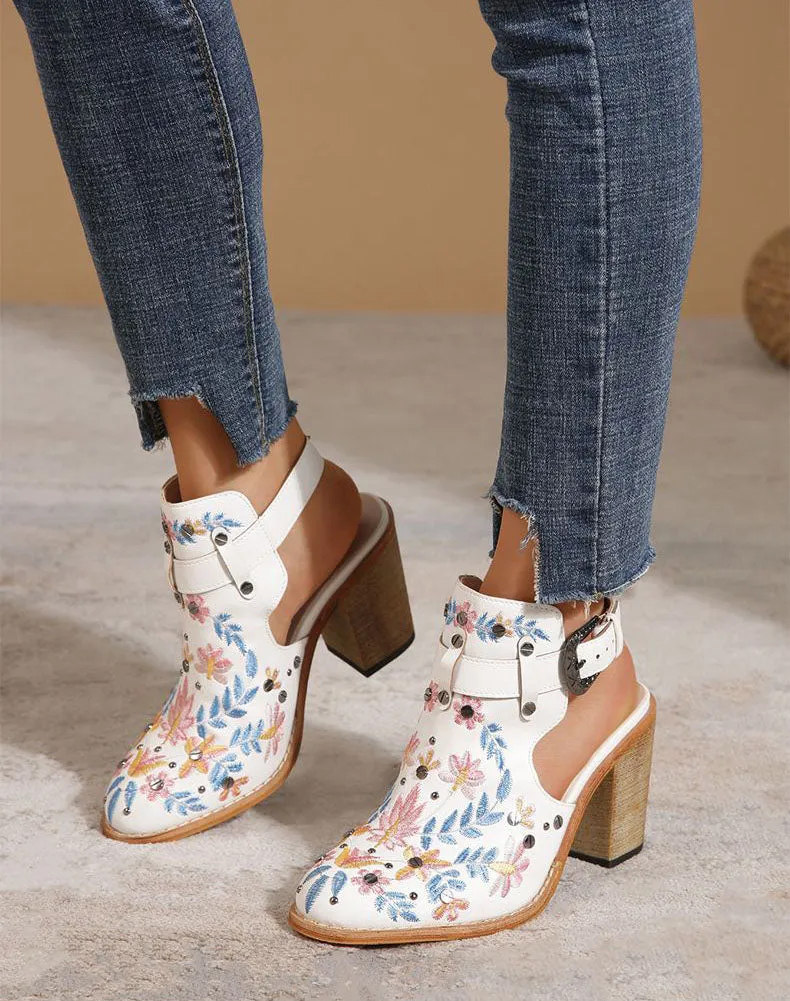 Creamtopmall Vintage Floral Embroidered Espadrilles Chunky Heels
