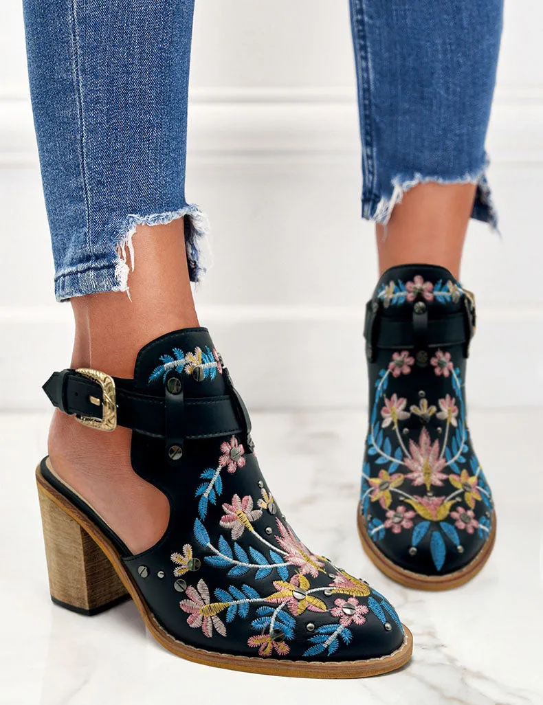 Creamtopmall Vintage Floral Embroidered Espadrilles Chunky Heels