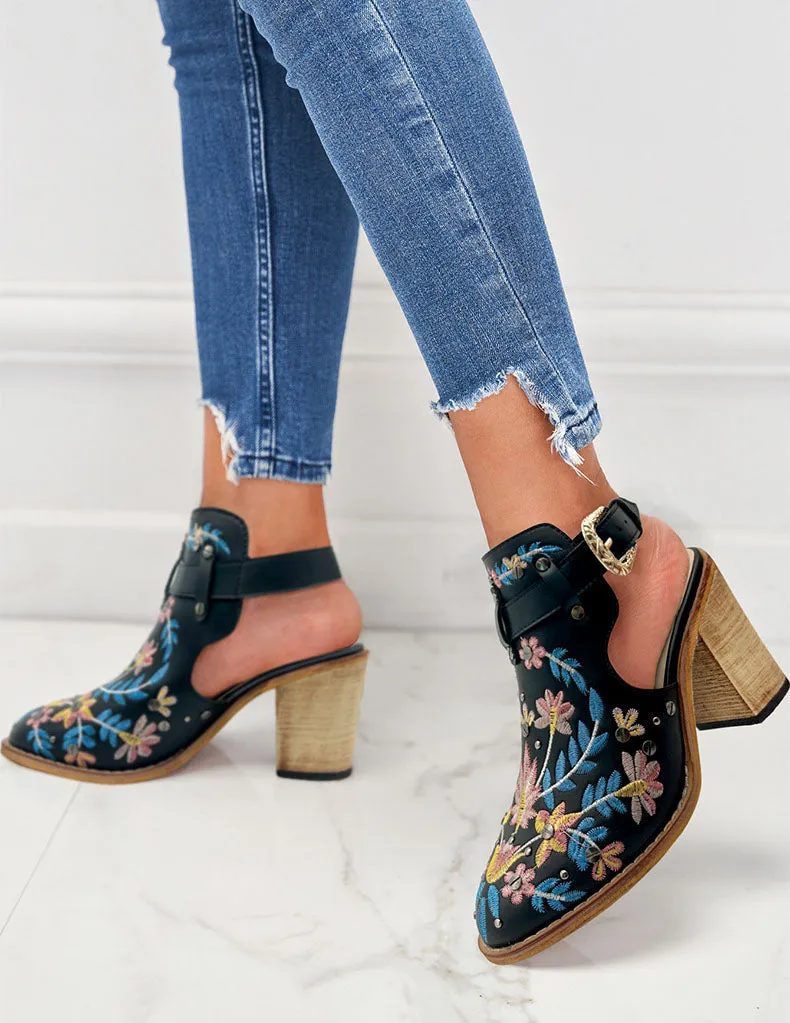 Creamtopmall Vintage Floral Embroidered Espadrilles Chunky Heels