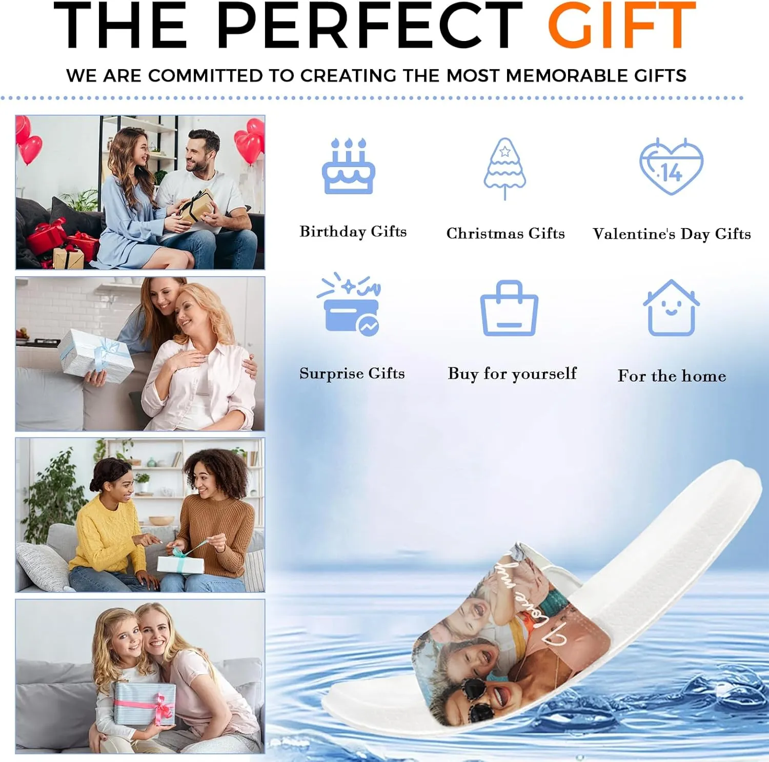 Custom Slides Slippers, Personalized Slippers Sandals with Photo Name Text, Indoor Outdoor Comfort Bathroom Slippers, Non Slip Shower Hotel Beach Fashion Sandals Open Toe for Men Women