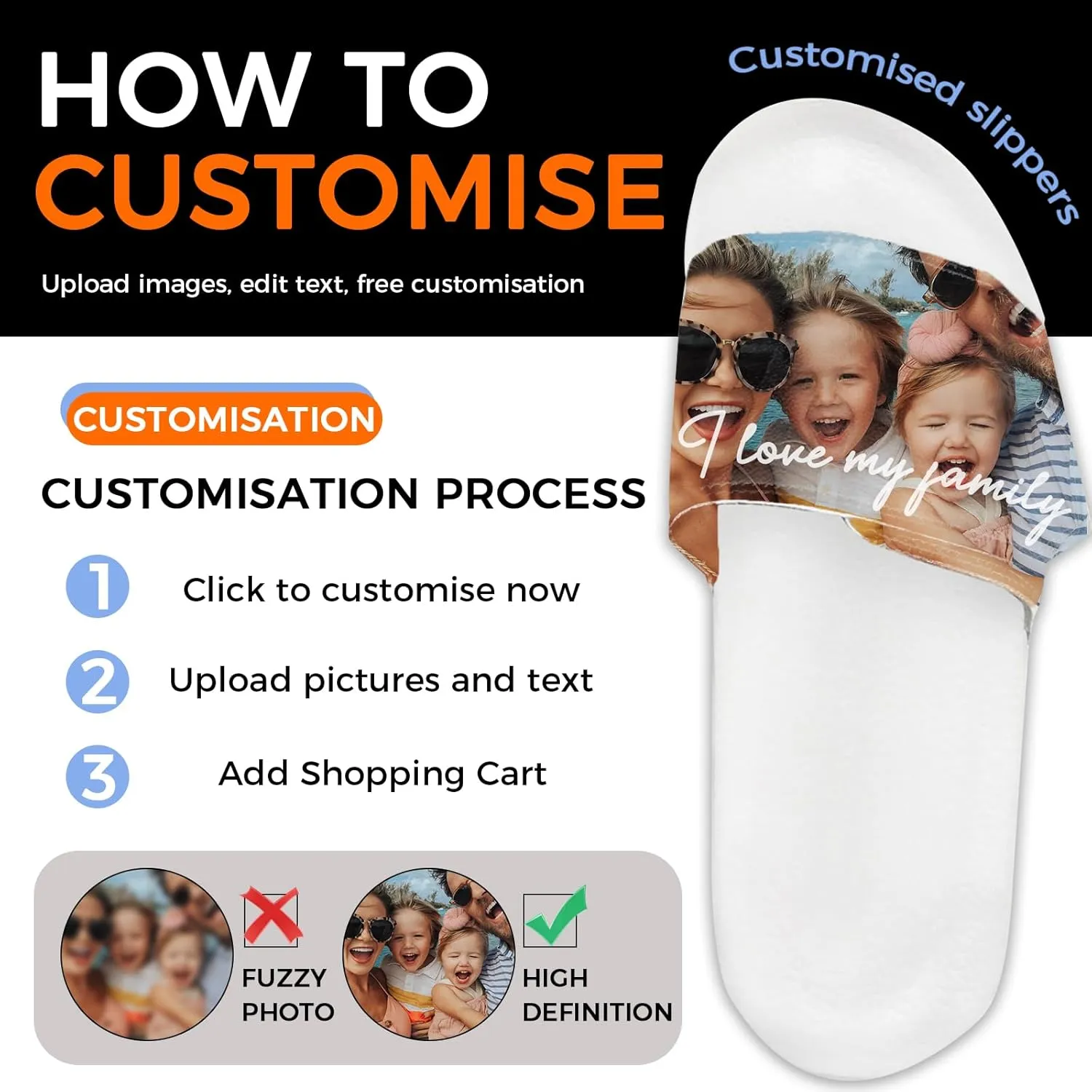 Custom Slides Slippers, Personalized Slippers Sandals with Photo Name Text, Indoor Outdoor Comfort Bathroom Slippers, Non Slip Shower Hotel Beach Fashion Sandals Open Toe for Men Women