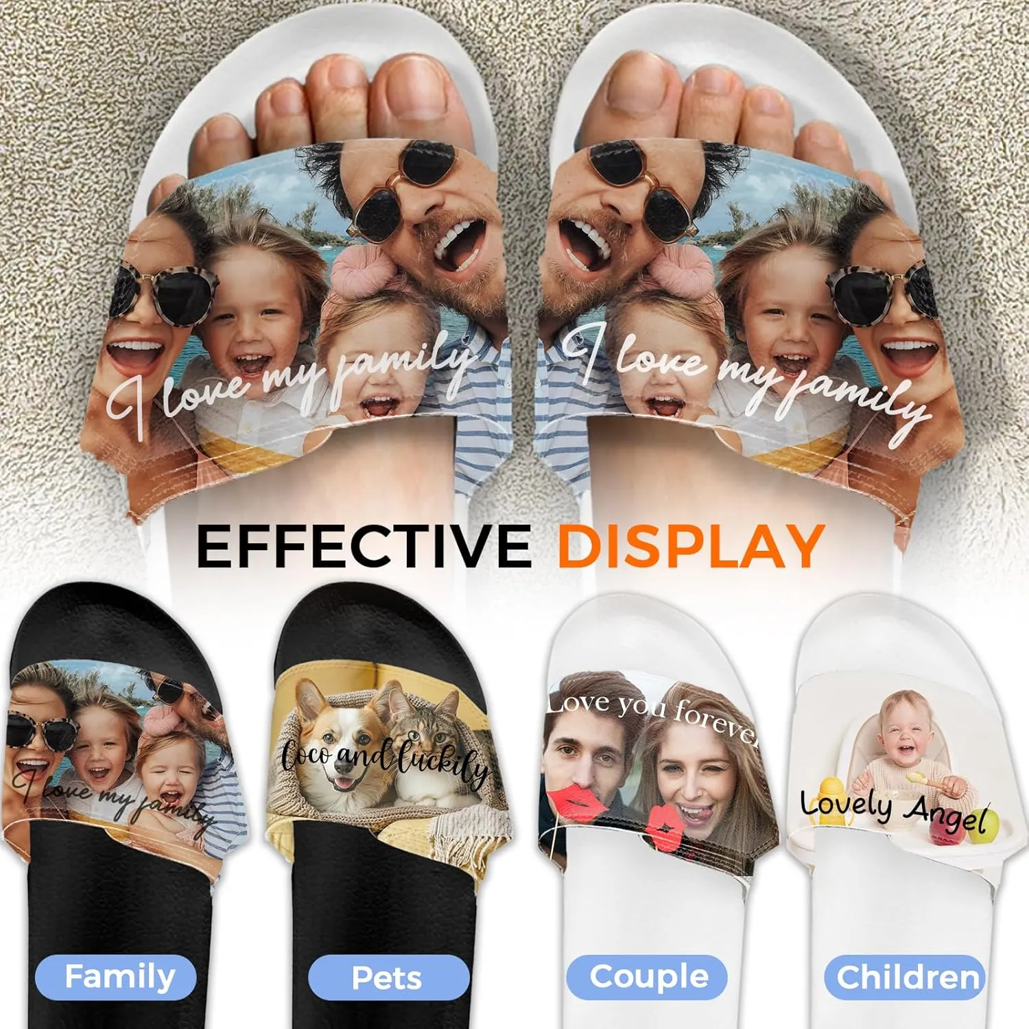 Custom Slides Slippers, Personalized Slippers Sandals with Photo Name Text, Indoor Outdoor Comfort Bathroom Slippers, Non Slip Shower Hotel Beach Fashion Sandals Open Toe for Men Women