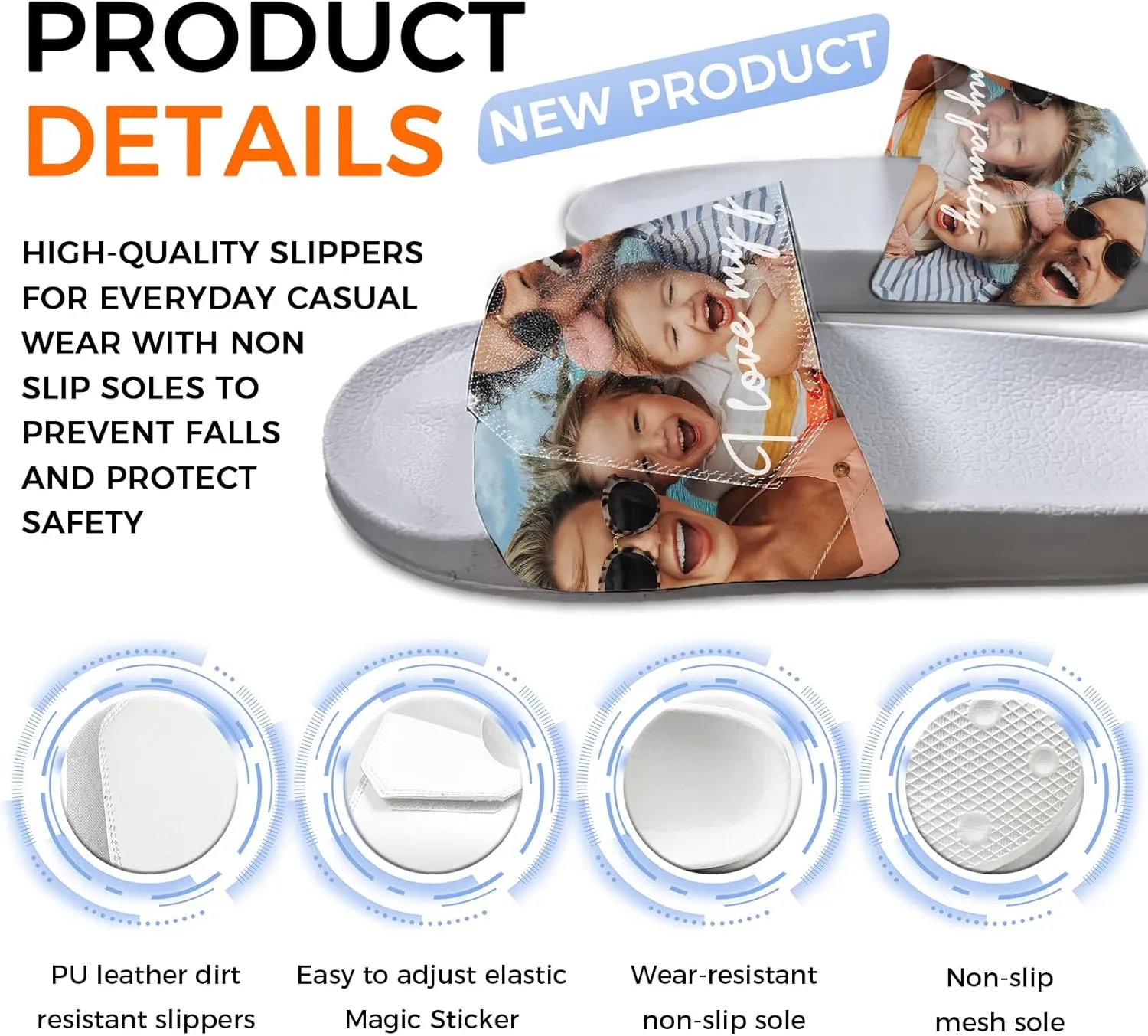 Custom Slides Slippers, Personalized Slippers Sandals with Photo Name Text, Indoor Outdoor Comfort Bathroom Slippers, Non Slip Shower Hotel Beach Fashion Sandals Open Toe for Men Women