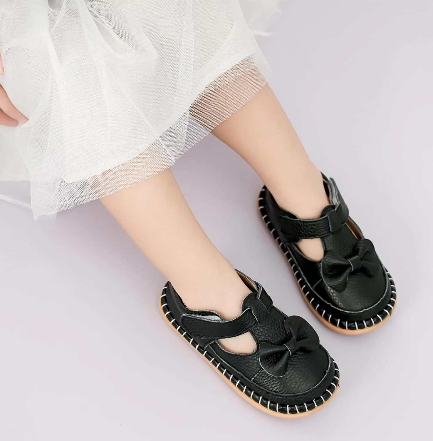 DADAWEN Toddler Girls Leather Lightweight Soft Sole Non-Slip Baby Walking Shoes Cute Bowknot Princess Dress Shoes Flower Girls Mary Jane Flats Party Wedding