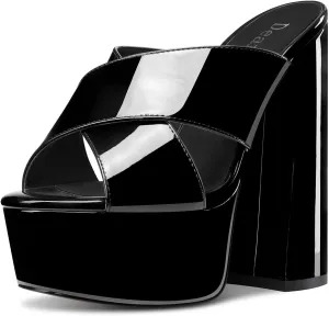 DearOnly Women Chunky Block High Platform Heel Peep Open Toe Sandals Cross-Strap Slip-on Dress 5.9 Inches Heels