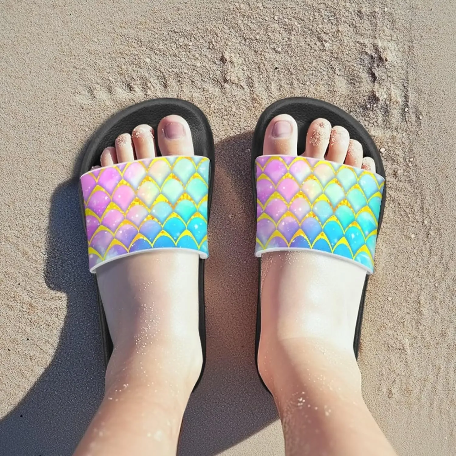 Doojoayie Wide Fit Slides for Kids Girls Colorful Beach Shoes for Water Play Non Slip