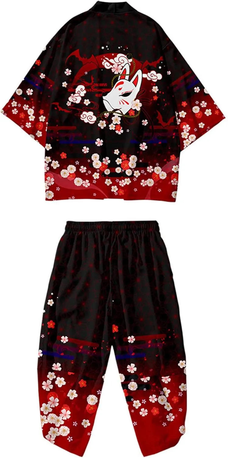 DOSLAVIDA Men's Japanese Kimono Jacket Set Stylish Open Front Coat With Shorts Chinese Style Printed Cardigan Suits