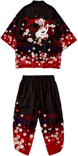 DOSLAVIDA Men's Japanese Kimono Jacket Set Stylish Open Front Coat With Shorts Chinese Style Printed Cardigan Suits