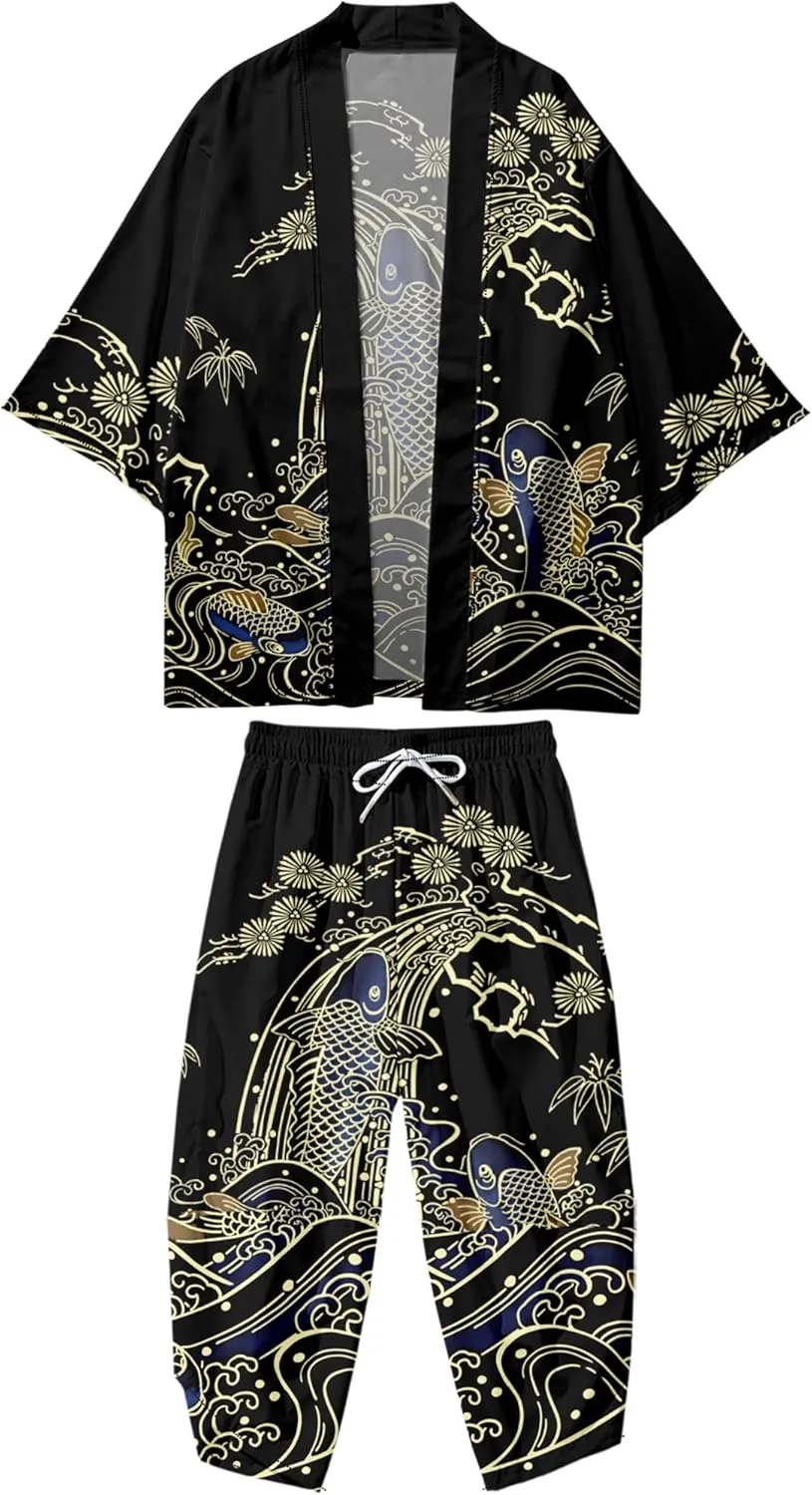 DOSLAVIDA Men's Japanese Kimono Jacket Set Stylish Open Front Coat With Shorts Chinese Style Printed Cardigan Suits