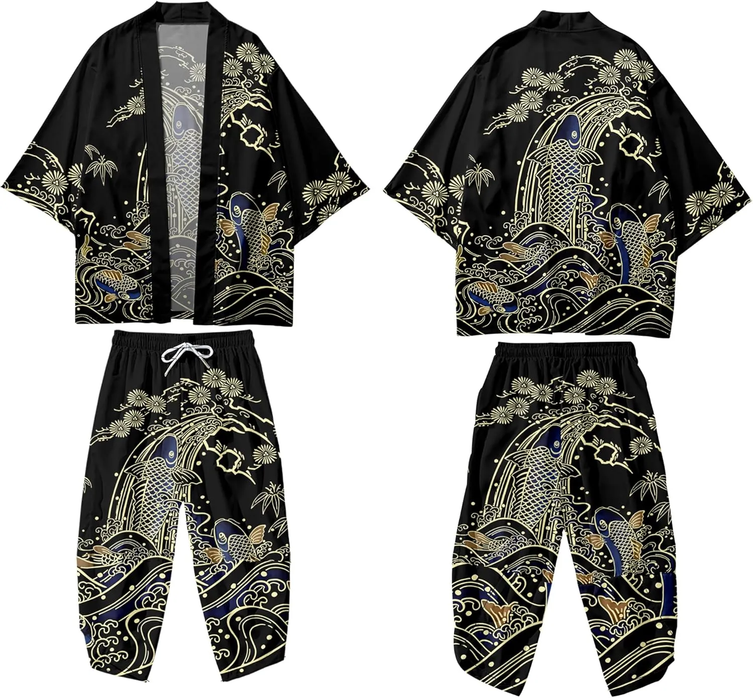 DOSLAVIDA Men's Japanese Kimono Jacket Set Stylish Open Front Coat With Shorts Chinese Style Printed Cardigan Suits