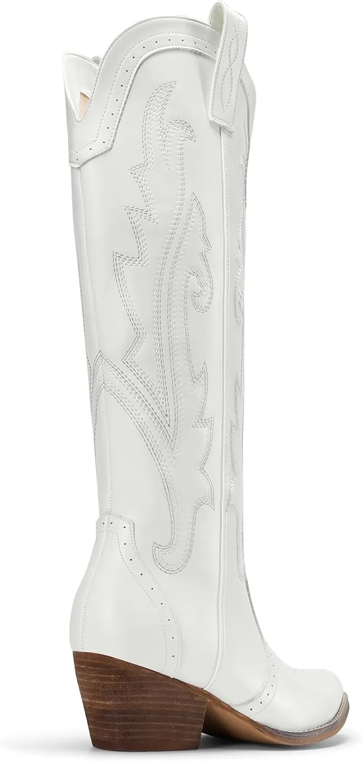 DREAM PAIRS Womens Cowboy Knee High Boots Comfortable Pull On Side Zipper Chunky Heel Embroidered Western Cowgirl Boots Retro Tall Boot