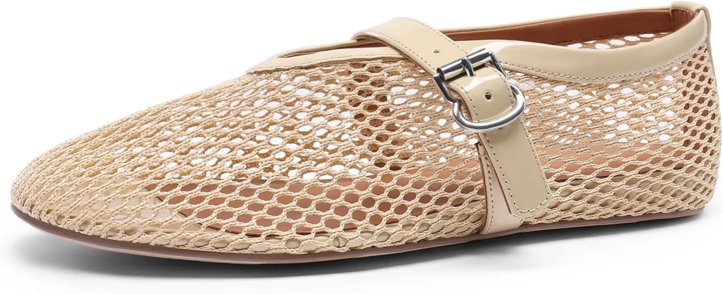DREAM PAIRS Women's Mesh Ballet Flats Dressy Round Toe Comfortable Mary Jane Flat Shoes with Buckle Strap