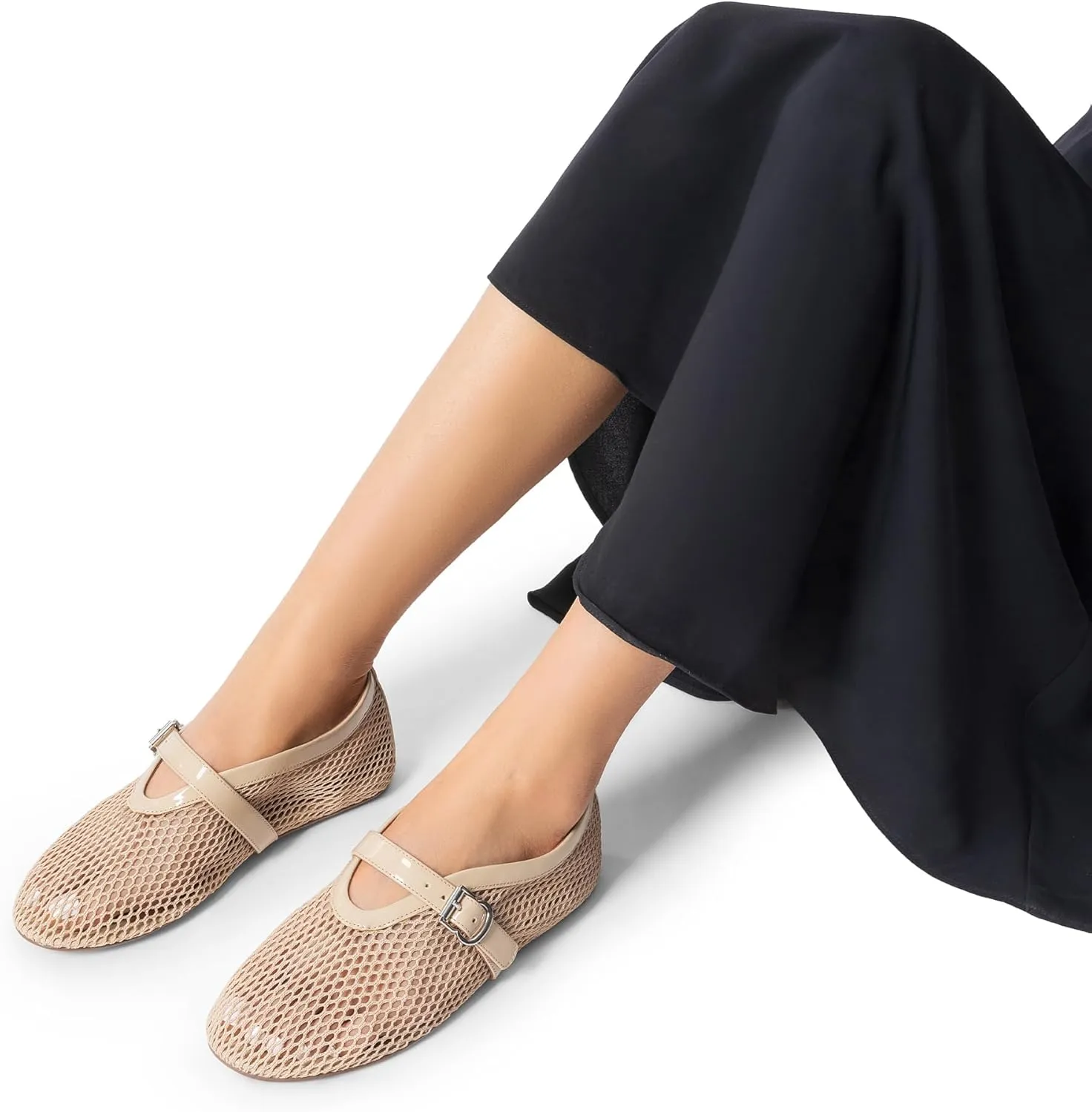 DREAM PAIRS Women's Mesh Ballet Flats Dressy Round Toe Comfortable Mary Jane Flat Shoes with Buckle Strap