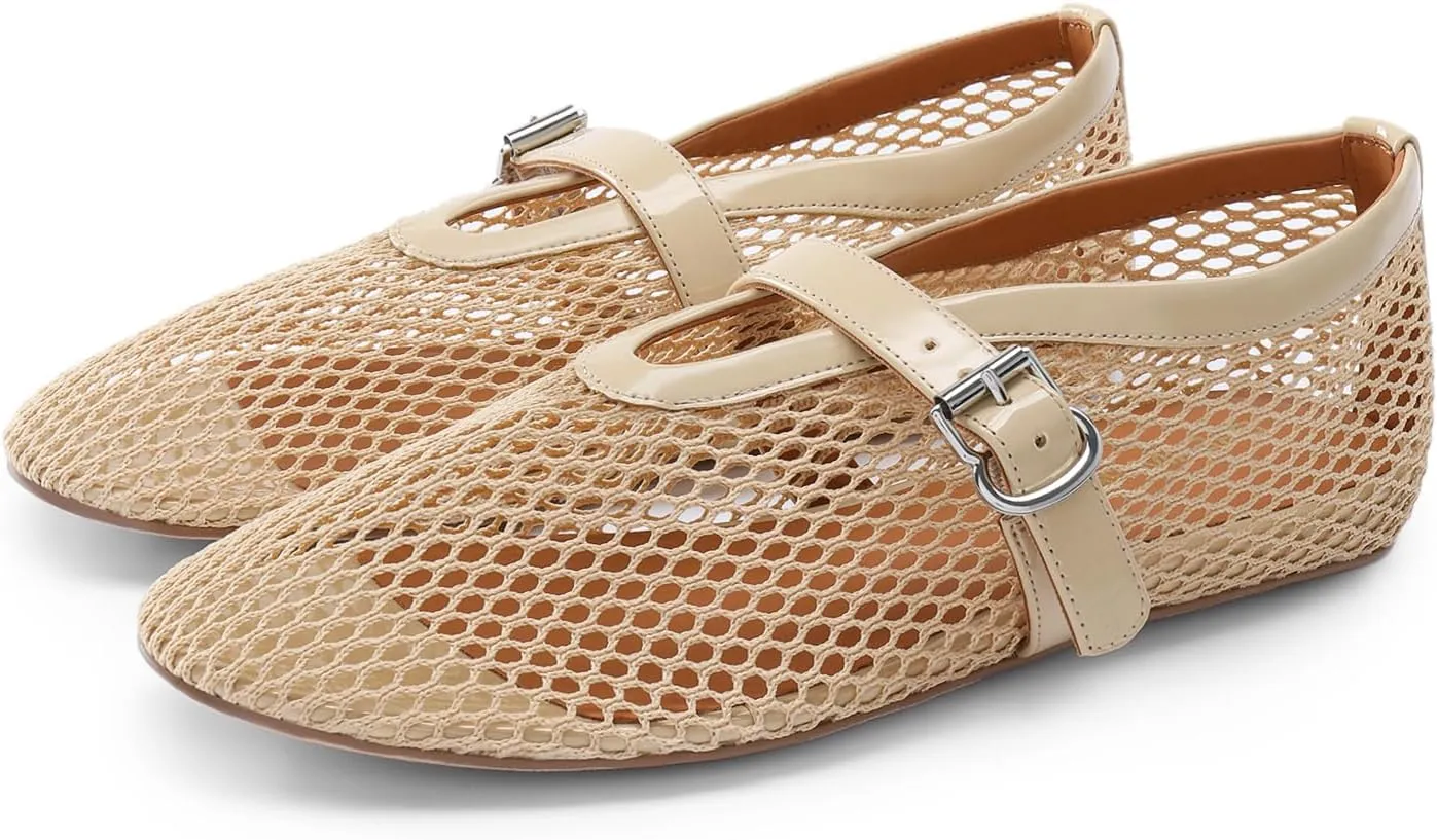 DREAM PAIRS Women's Mesh Ballet Flats Dressy Round Toe Comfortable Mary Jane Flat Shoes with Buckle Strap