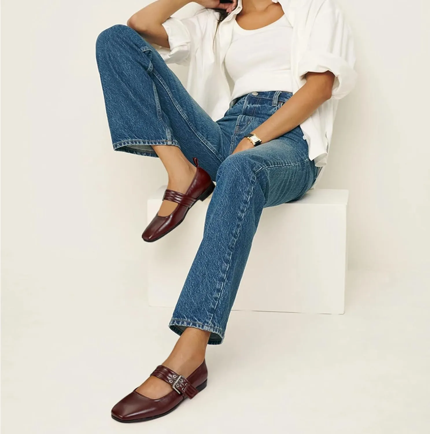 Dsevht Mary Janes Flats for Women Fashion Square Toe Flat Low Heel Easy Buckle Strap Flats Shoes