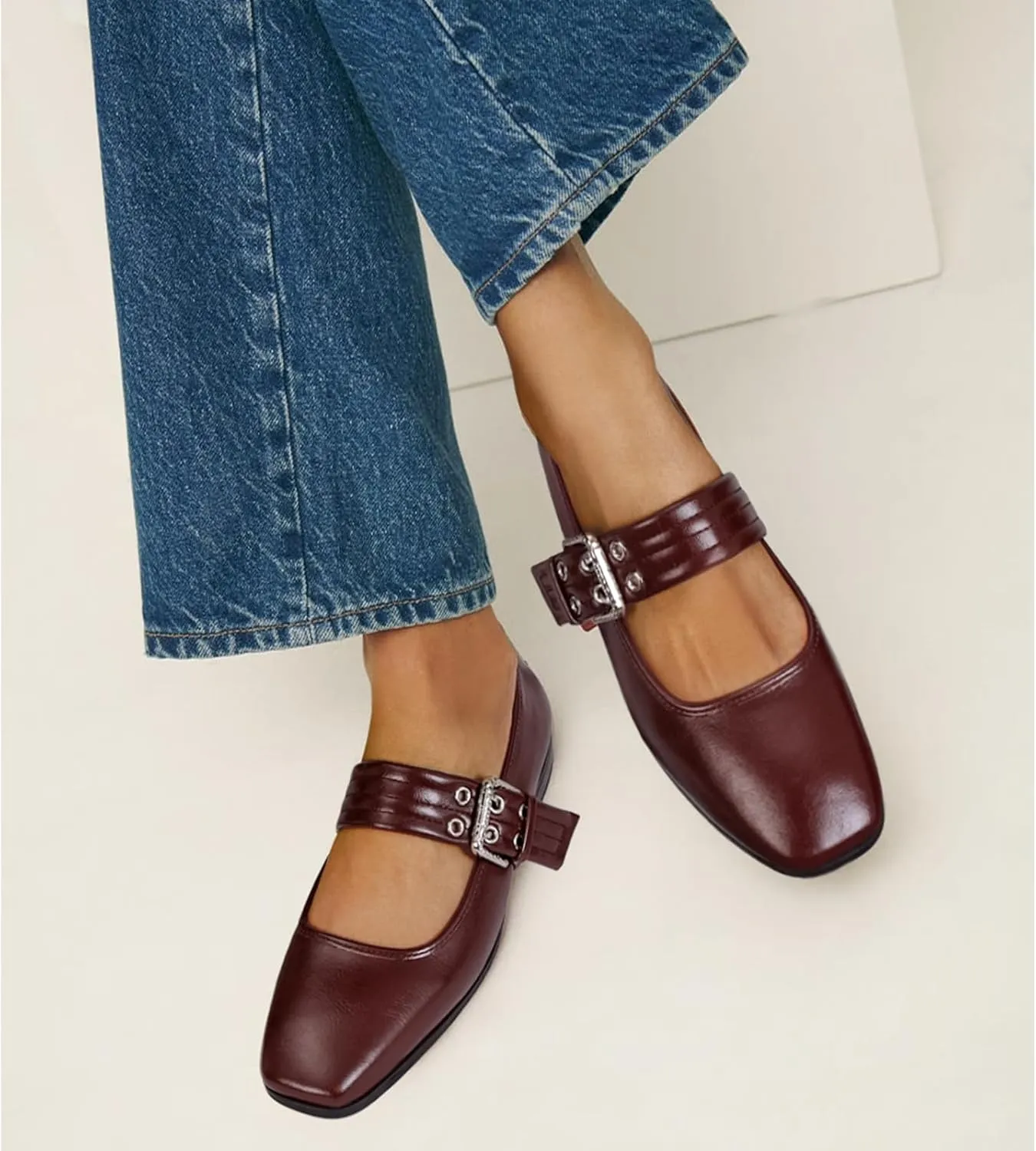 Dsevht Mary Janes Flats for Women Fashion Square Toe Flat Low Heel Easy Buckle Strap Flats Shoes