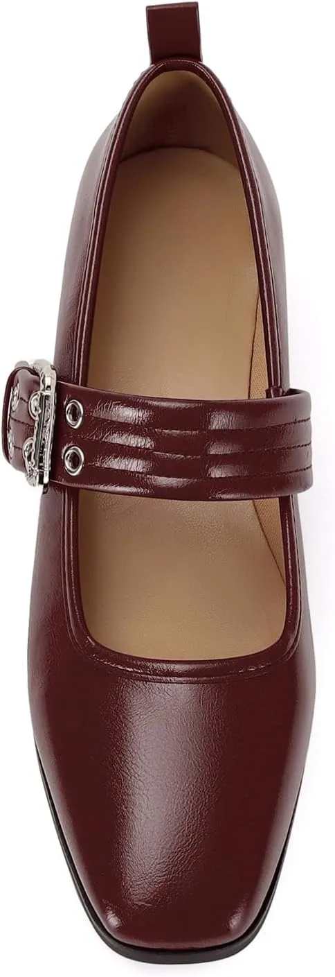 Dsevht Mary Janes Flats for Women Fashion Square Toe Flat Low Heel Easy Buckle Strap Flats Shoes