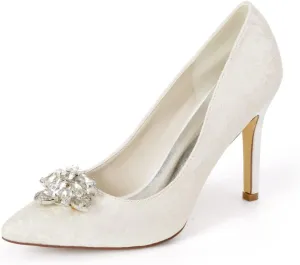 DXSYMJM Women's Wedding Shoes Closed Pointed Toe Stiletto Heel Lace Satin Party Dress Bridesmaid Shoes