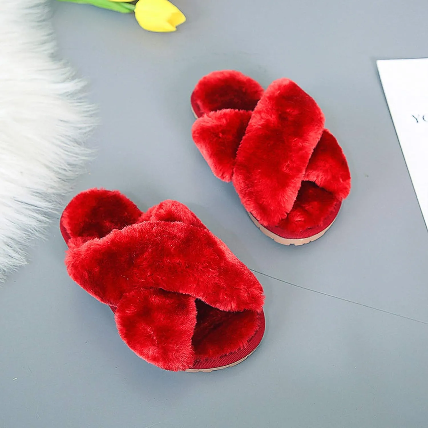 eccbox Girls Fluffy Slippers Kids Leopard Tie Dye Open Toe Memory Foam Slides Sandals Soft Plush Cross Band House Shoes Indoor Outdoor Slip On