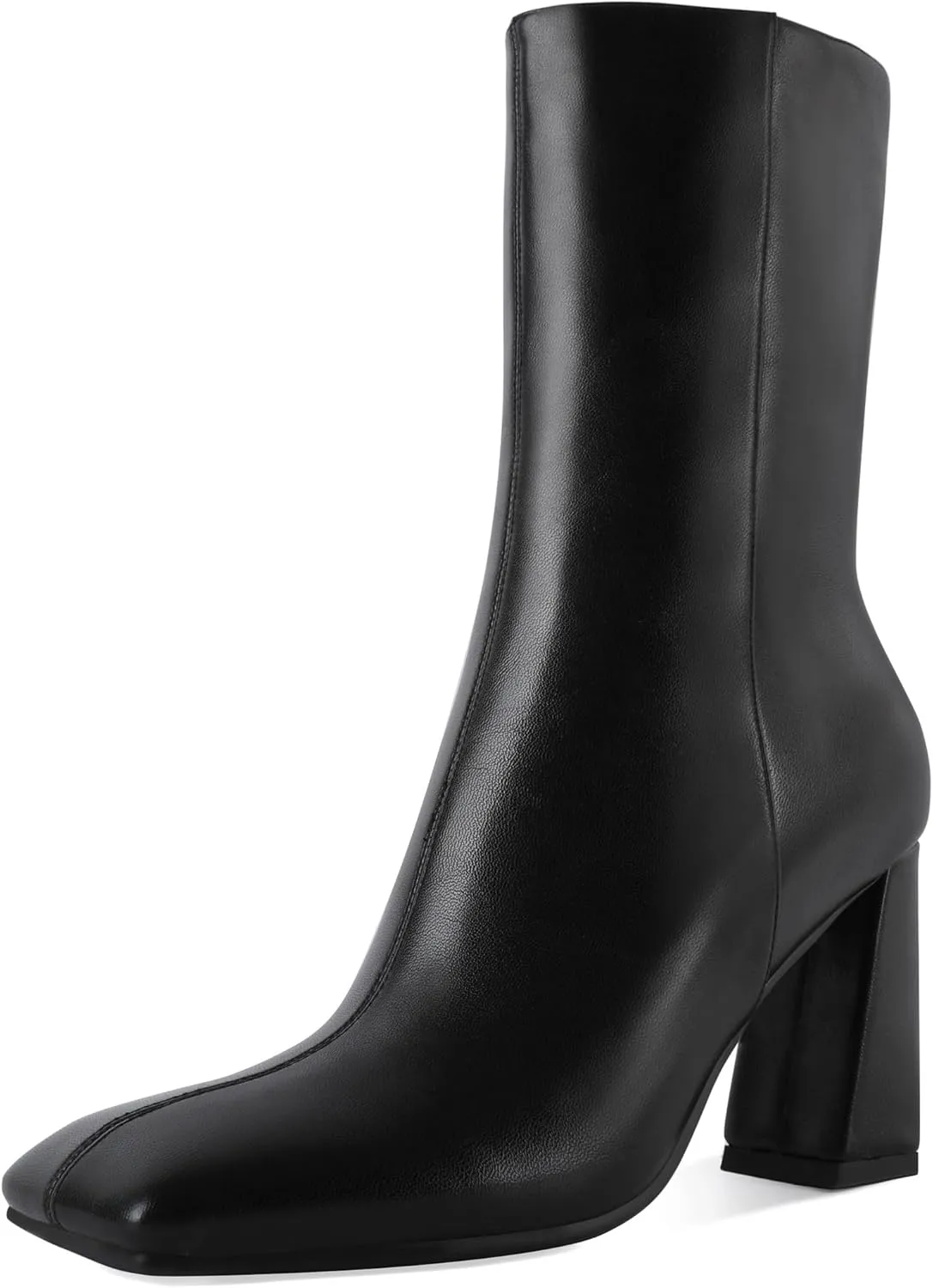 Eldof Ankle Boots Women Chunky Heel Square Toe High Heeled Gogo Short Booties Side Zipper 3 Inches