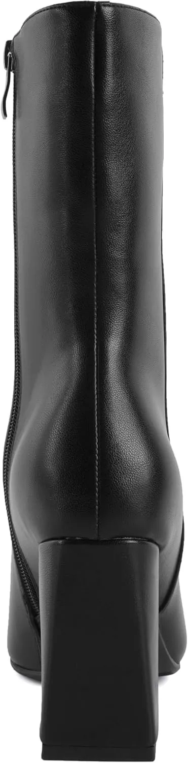 Eldof Ankle Boots Women Chunky Heel Square Toe High Heeled Gogo Short Booties Side Zipper 3 Inches