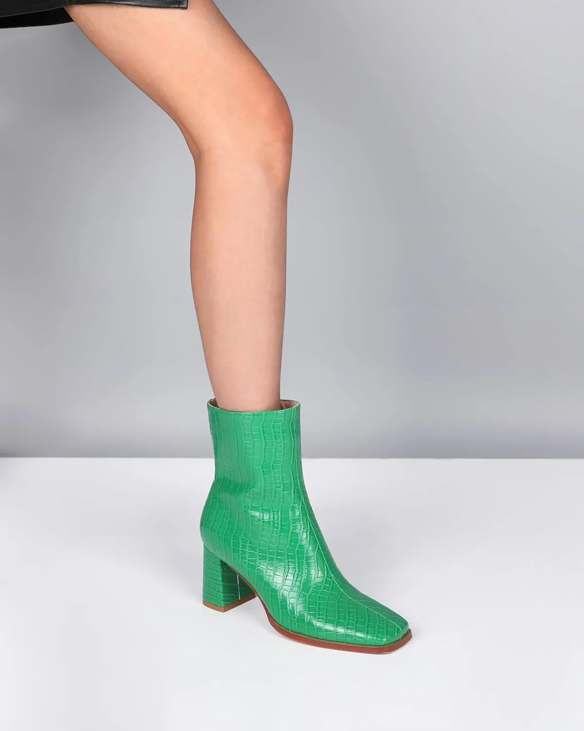 Eldof Ankle Boots Women Chunky Heel Square Toe High Heeled Gogo Short Booties Side Zipper 3 Inches