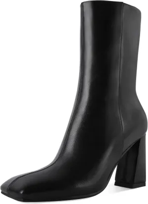 Eldof Ankle Boots Women Chunky Heel Square Toe High Heeled Gogo Short Booties Side Zipper 3 Inches