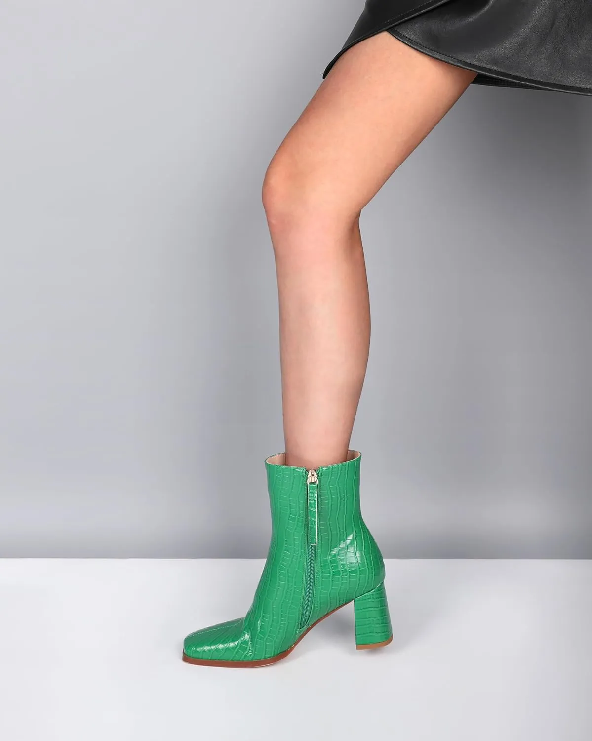 Eldof Ankle Boots Women Chunky Heel Square Toe High Heeled Gogo Short Booties Side Zipper 3 Inches