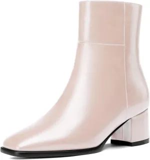 Eldof Low Block Heel Ankle Boots Women's Square Toe Chunky Heel Short Boots Side Zipper Heeled Chelsea Boots