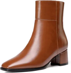 Eldof Low Block Heel Ankle Boots Women's Square Toe Chunky Heel Short Boots Side Zipper Heeled Chelsea Boots