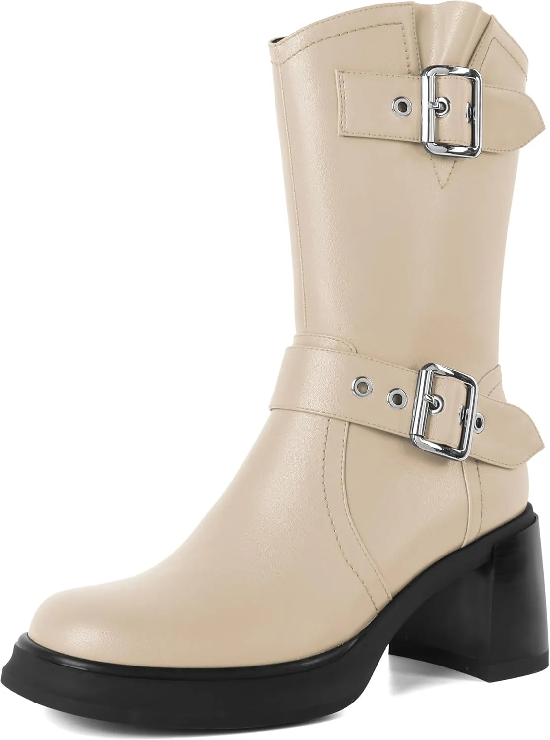 Eldof Mid Calf Boots for Women Platform Chunky Heel Booties with Buckles Square Toe Side Zipper Biker Motorcycle Leather Boots Women Fall Winter 3 Inches