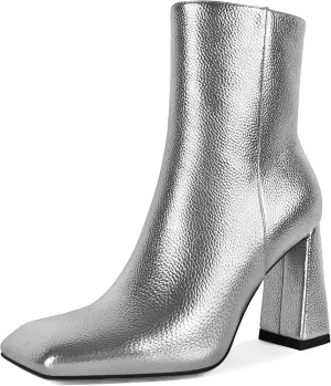 Eldof Square Toe Ankle Boots for Women Block Heel Chunky Gogo Boots High Heeled Short Booties Side Zipper 3 Inches