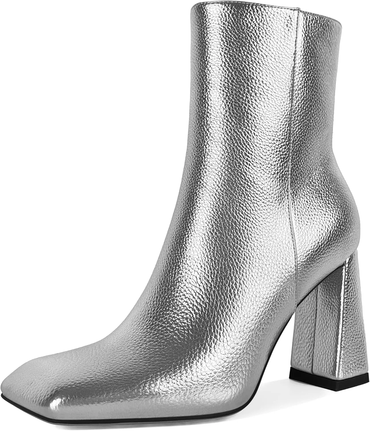 Eldof Square Toe Ankle Boots for Women Block Heel Chunky Gogo Boots High Heeled Short Booties Side Zipper 3 Inches