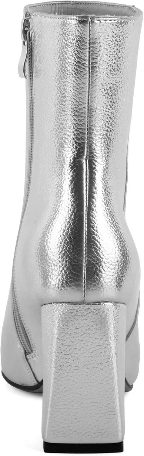 Eldof Square Toe Ankle Boots for Women Block Heel Chunky Gogo Boots High Heeled Short Booties Side Zipper 3 Inches