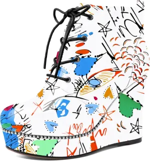 Eldof Wedge Ankle Boots for Women Round Toe Lace Up Beaded High Heeled Short Booties 4 Inches Patent Leather