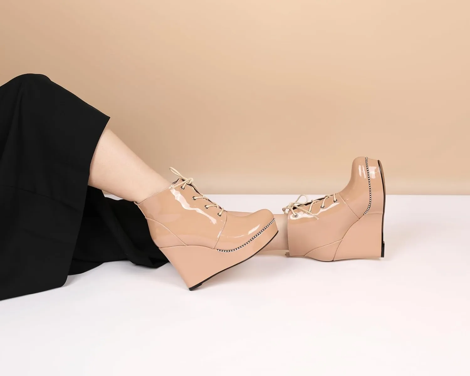 Eldof Wedge Ankle Boots for Women Round Toe Lace Up Beaded High Heeled Short Booties 4 Inches Patent Leather