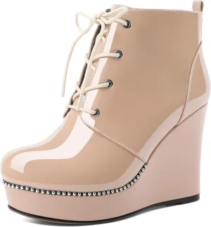 Eldof Wedge Ankle Boots for Women Round Toe Lace Up Beaded High Heeled Short Booties 4 Inches Patent Leather
